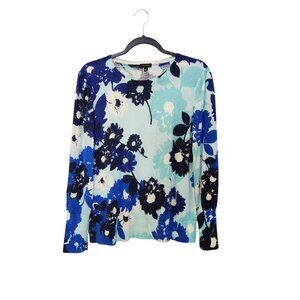 Talbots Womens L Floral Long Sleeve Top Blue & White Cotton Blend 3624
